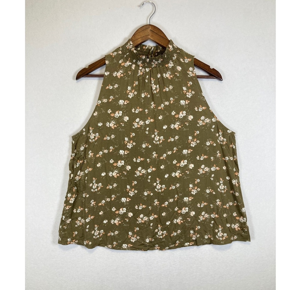 Earthy Boho Women Large Olive Green Floral Smocked High Neck Halter Top